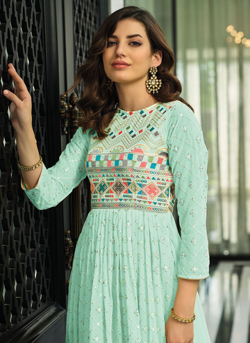 Wedding Wear Light Blue Georgette Gown With Nazmeen Dupatta
